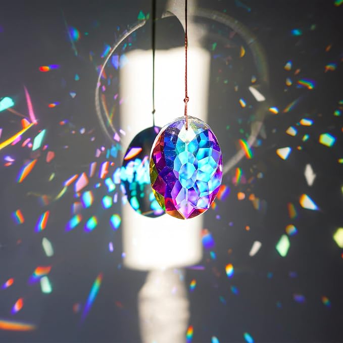 YU FENG 3.5 Inch Oval Crystal Prism Suncatcher, AB Rainbow Maker | AB Coating Faceted Glass Pendant, Colorful Light Catcher, Window Hanging Decor, Rainbow Reflections, Home Garden Ornament
