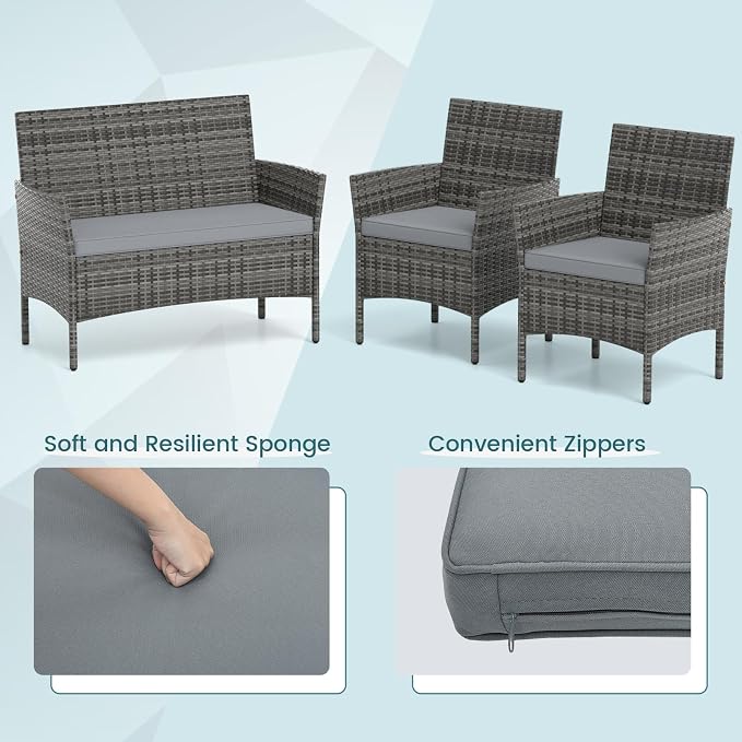 HAPPYGRILL 4 Pieces Outdoor Rattan Conversation Set, Patio Wicker Furniture Set with Loveseat Chairs & Tempered Glass Coffee Table, Outside Sectional Sofa Set for Backyard Garden Poolside, Gray