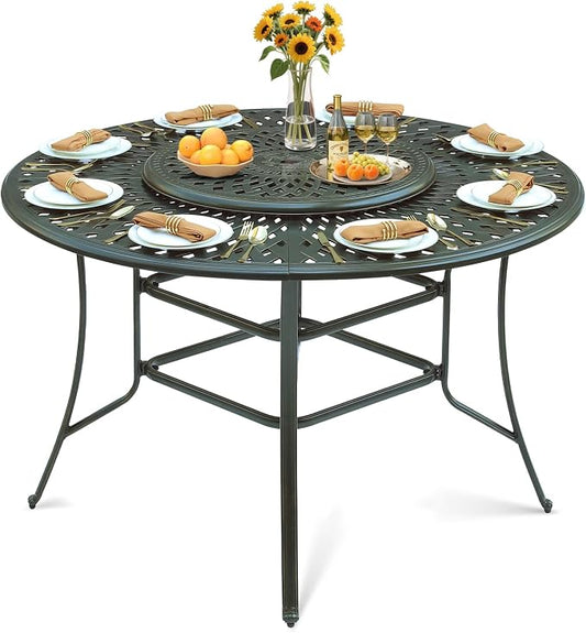 VIVIJASON 61" Patio Round Height Bar Table, All-Weather Cast Aluminum High Top Dining Table with 31" Lazy Susan & Umbrella Hole for Outdoor Balcony, Porch and Deck, Fits for 6-8 Person, Dark Bronze