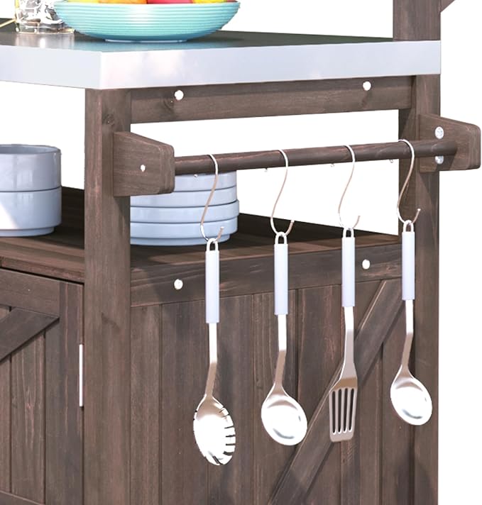 RUNNA Outdoor Kitchen Island with Raised Shelf,Solid Wood Storage Cabinet with Stainless Steel Top,Outdoor Rolling Grill Cart with Internal Storage Rack, Adjustable Shelf,Spice Rack (Brown#028)