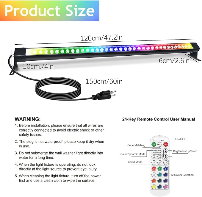 HNRLOY RGB Wall Washer Light with Bar 2Pack, 72W LED RGB Color Changing Landscape Wall Wash Lights, 4FT 120V Dimmable Stage Wash Light Bar for Hotel,Building,Commercial Garden Lighting