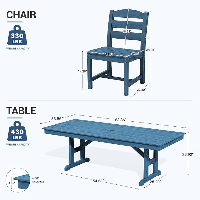 KINGYES Outdoor Armless Dining Chairs Set of 8,All-Weather HDPE Patio Chairs for Backyard,Pooside,Blue