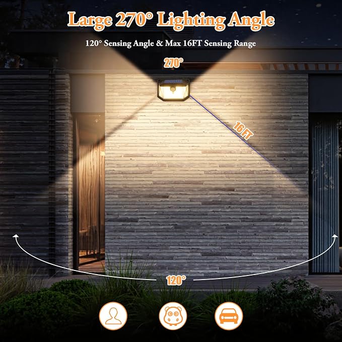 Solar Outdoor Lights, 4-Pack 178 LEDs Motion Sensor Wall Light with 270° Wide Angle & 3 Modes, Waterproof 3000K Solar Powered Security Light for Patio Garden Garage Front Door