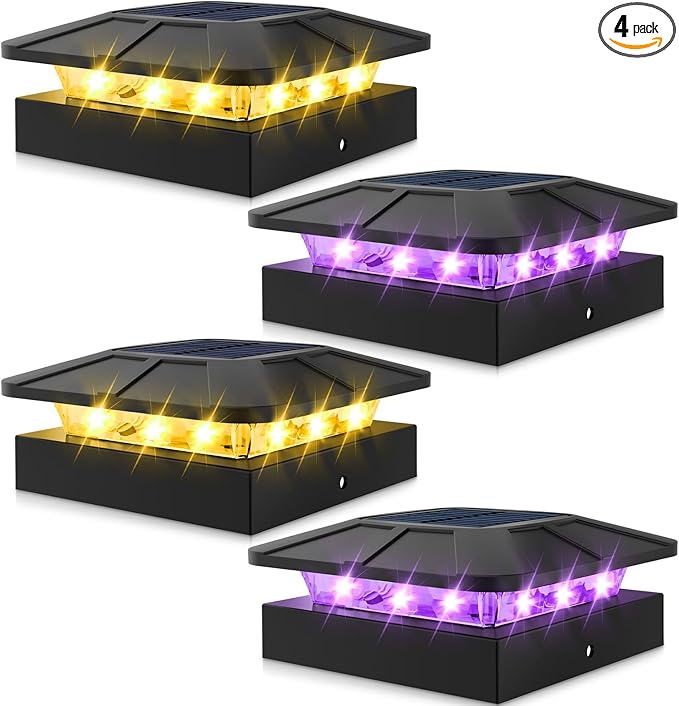 4x4 Solar Post Lights Outdoor, 4 Packs Purple & Warm White LED Fence Caps Light Waterproof, Wood & Vinyl Post Top Lighting for Deck Mailbox Railing Porch Outside