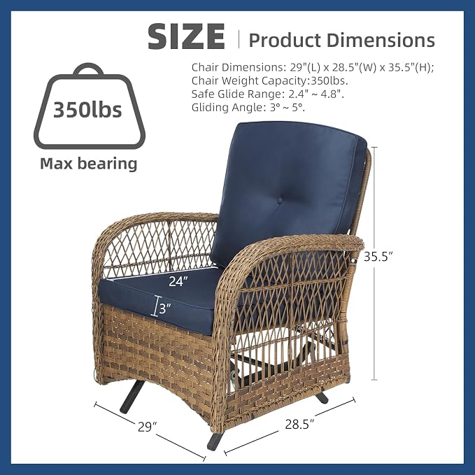 Outdoor Wicker Glider Rocker Chair, Patio Rattan Gliding Rocking Chairs Set of 2 with Thickened Cushions, All-Weather Wicker Furniture Sets for Porch Garden & Backyard, Navy Blue