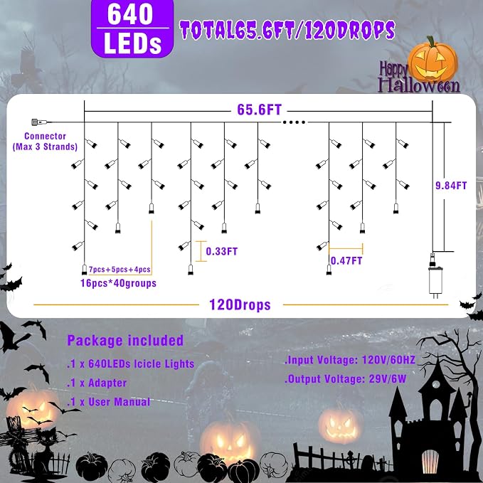 66ft Purple Christmas Lights Outdoor, 640 LED Icicle Lights for Outside Indoor Twinkle Lights with Connectable Clear Wire 8 Modes Timer Waterproof for House Party Tree Holiday Yard Decorations