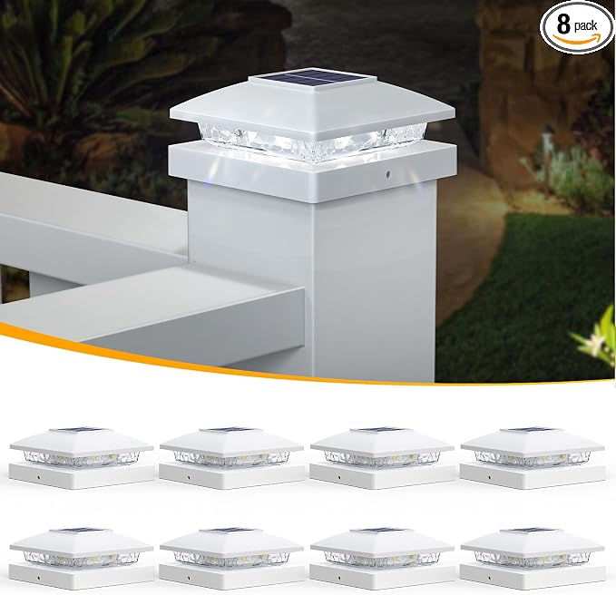 APONUO Solar Post Cap Lights for 4x4 5x5 Posts - IP64 Waterproof, 6500K LED, No-Wire Fence Lights & Deck Lights for Patio Garden Yard Patio, White-Cool White, 8 Pack