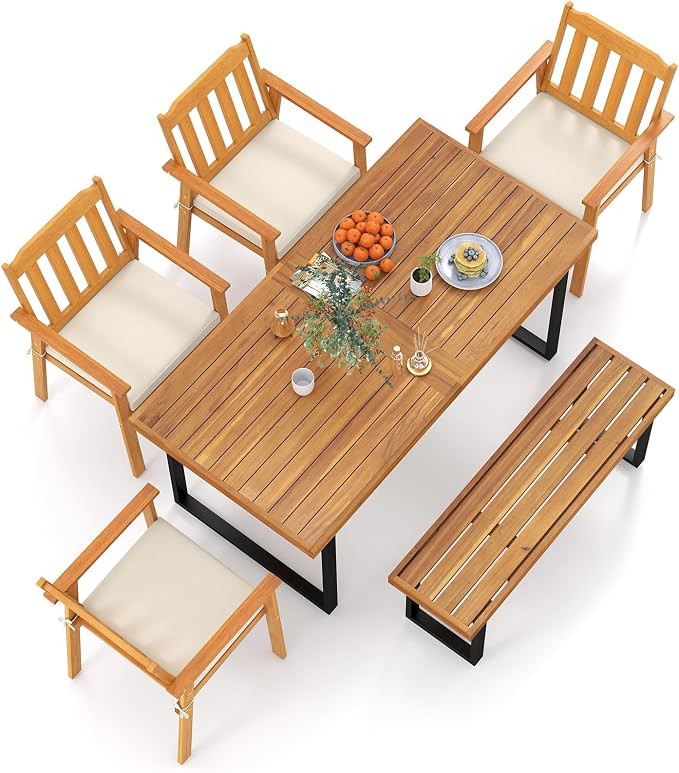 Tangkula 6 Pieces Patio Dining Table Set, 63” Rectangle Acacia Wood Table with Umbrella Hole and 4 Cushioned Armchairs and Backless Bench, Outdoor Dinette Furniture for Garden Yard Kitchen