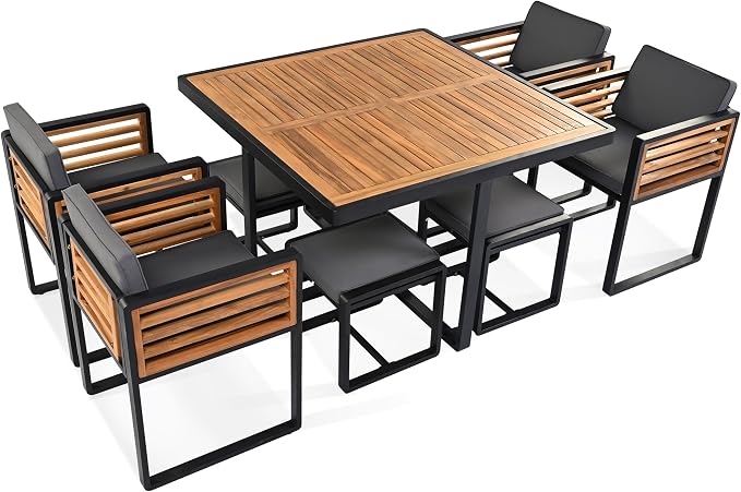 9-Piece Outdoor Patio Acacia Wood Dining Table Set, Square Table with 4 Cushioned Chairs& 4 Stools, All-Weather Resistant Conversation Set with Metal Frame, Space-Saving Design for 8 (Gray-1.8)