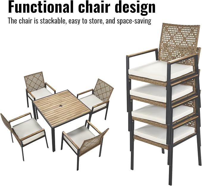 5-Piece Outdoor Patio Furniture Dining Set, All-Weather Rattan Conversation Set with Umbrella Hole, Weather Resistant Table and Chairs for Garden/Backyard Deck (Yellow)