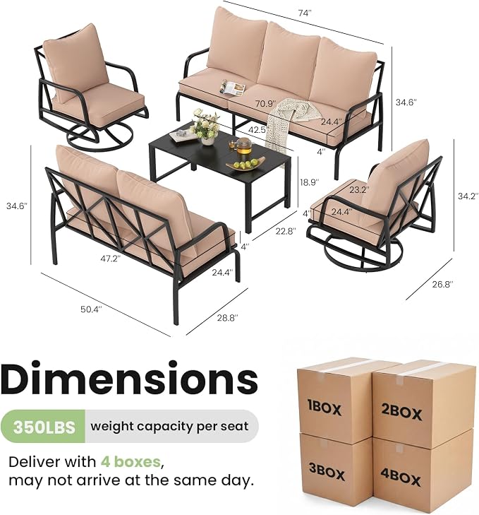 Soohow Outdoor Patio Furniture Set, 5 Piece Patio Furniture Set, 2 x Swivel Chair, 1 x 3-Seats Sofa, 1 x 2-Seats Sofa, and 1 x Coffee Table, Metal Conversation Set for Porch, Balcony, and Backyard