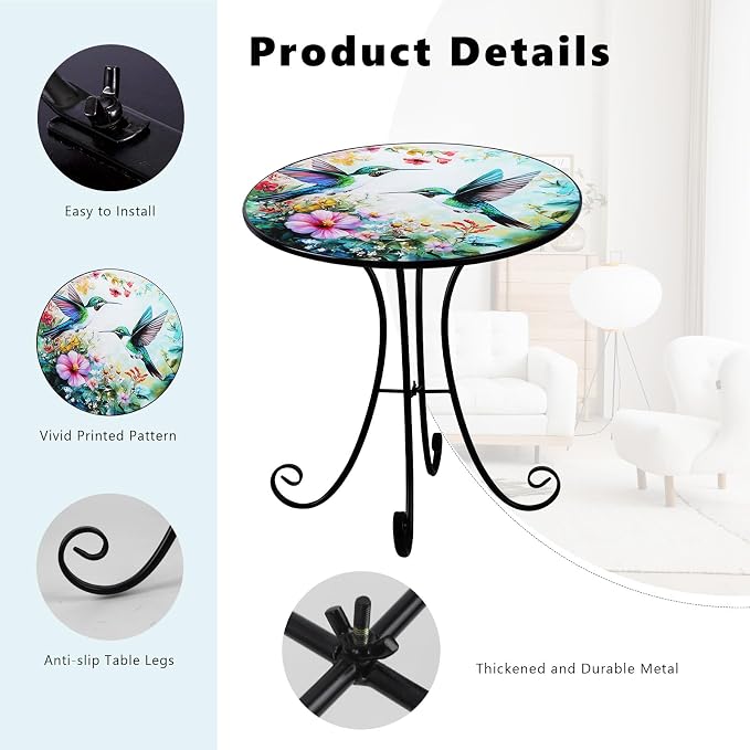 Outdoor Side Table, Hummingbird & Flower Round Accent Table, 18" Metal Indoor Small End Tables, Plant Stand Tables for Patio Yard Balcony Garden Bedside