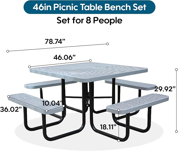46" Square Picnic Tables for Outdoors,Commercial Metal Picnic Table Bench Set W/ Umbrella Hole,Restaurant School Canteen Tables W/Seats - Heavy Duty Sturdy Picnic Tables for Patio Garden Coffee Shop