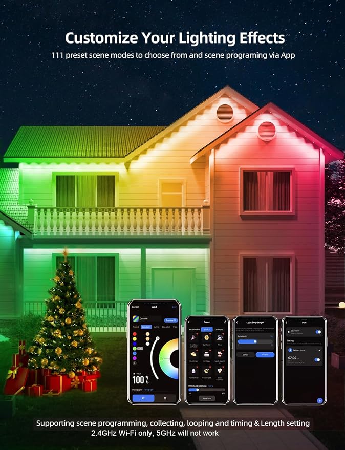 Permanent Outdoor Lights 100FT with 72 LEDs, Smart Eaves Lights RGBW | IP65 Waterproof Outdoor String Lights, DIY Scene Modes, App/Remote Control, for Christmas/Holidays, Alexa Compatible, White