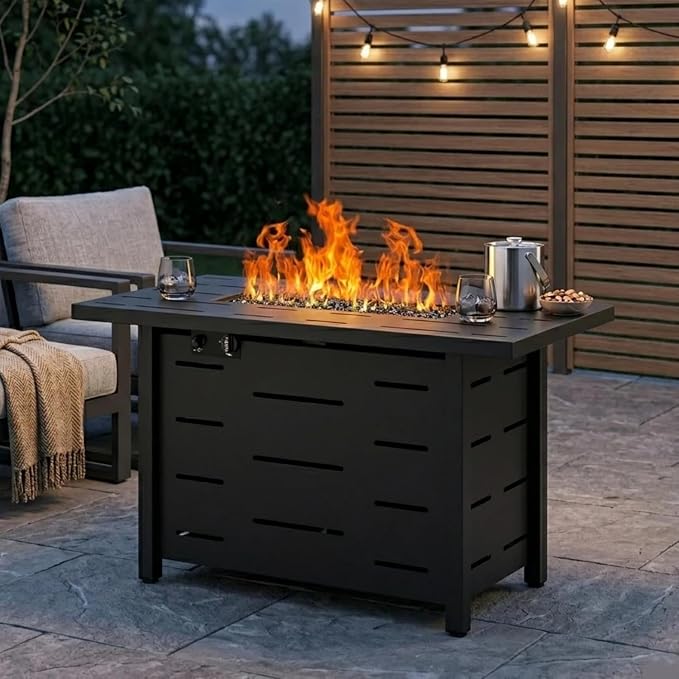 JAMFLY 4-Piece Patio Furniture Set with 43" Propane Fire Pit Table, Grey | All-Weather PE Wicker Sectional Sofa, Outdoor Conversation Set for Garden, Backyard & Deck