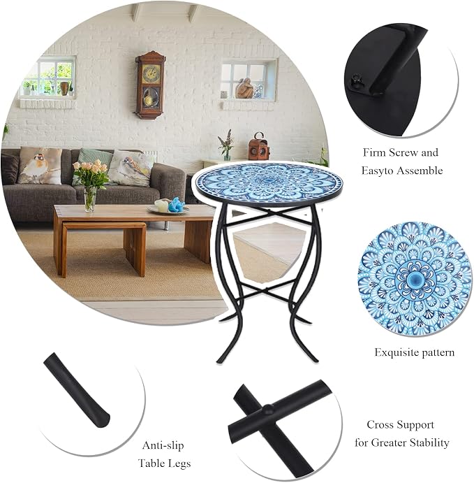VCUTEKA Mosaic Outdoor Side Table, 14" Round Small Patio Accent Table Indoor End Table for Yard, Garden, Living Room, Bistro Balcony or Lawn Blue