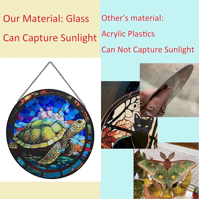 Hanging Stained Glass for Windows,20cm/7.87 inch Turtle Hand-Painted Glass Panel Window Hanging Suncatchers Christmas Ornaments Home Courtyard Decor,Housewarming Gift (Style A)