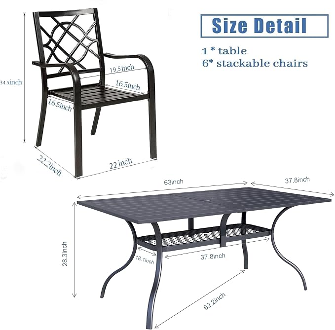 SOLAURA 8-Piece Outdoor Patio Dining Set, 6 Person Outside Table and Chairs Set, Metal Stacked Chairs of 6, Slat Table Top with 1.57" Umbrella Hole and 9 FT Patio Umbrella (Black)