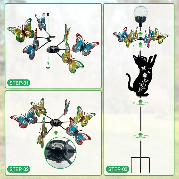 Solar Lights Yard Stake-Butterfly Wind Spinner,Metal Black Cat Garden Decor | Color Changing LED for Patio,Pathway,Lawn,Walkway,Outdoor Decorative