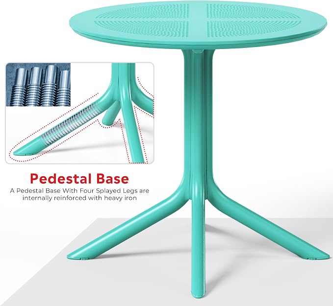Costaelm Small Patio Table, Outdoor Round Dining Table, Weather Resistant Outside Table for Poolside Deck Lawn Garden Backyard, Turquoise
