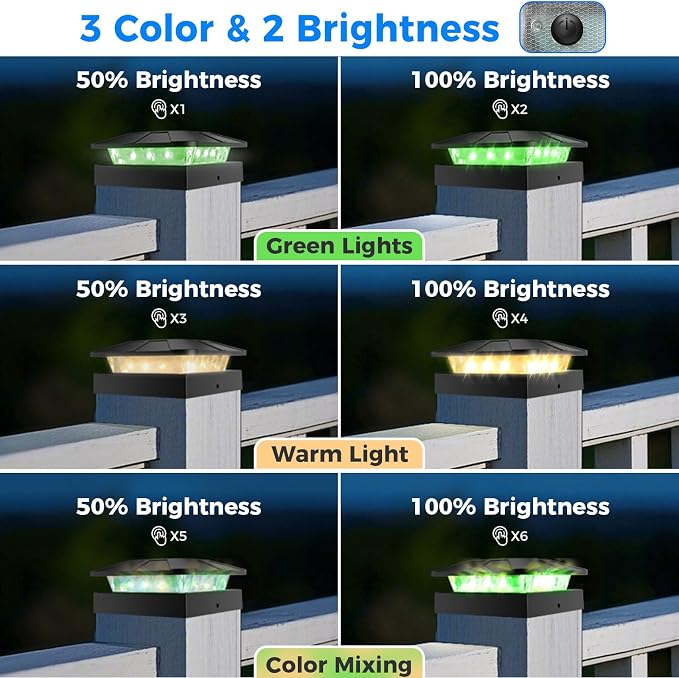2 Packs 4x4 Solar Post Lights Outdoor, Green & Warm White LED Fence Caps Light Waterproof, Wood & Vinyl Post Top Lighting for Deck Mailbox Railing Porch Outside