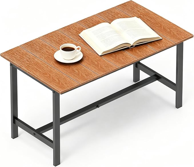 mapleway 33" Rustic Outdoor Coffee Table, Natural Wood Slat Top with Heavy Duty Metal Frame, Weather Resistant Patio Table for Garden Deck Balcony Porch, Simple Assembly, Wood Color