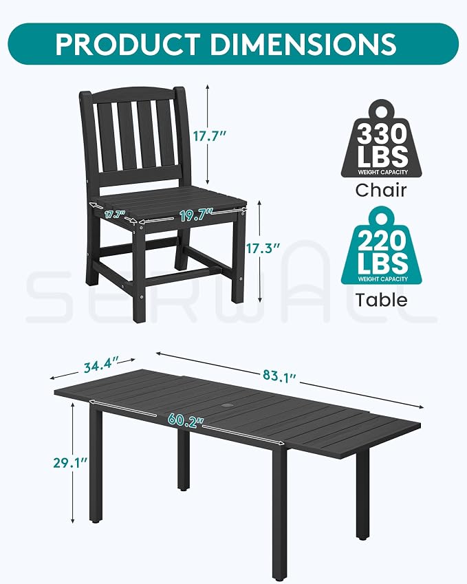 SERWALL Outdoor Dining Chairs Set of 4, Black | All-Weather HDPE Patio Armless Chairs Suitable Outdoor Dining Table