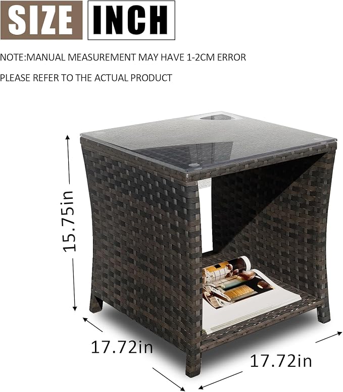Wicker Rattan Side Table,Outdoor Patio Wicker Table,Modern Patio End Side Table with Glass Countertop and Storage Space,for Garden Balcony Porch