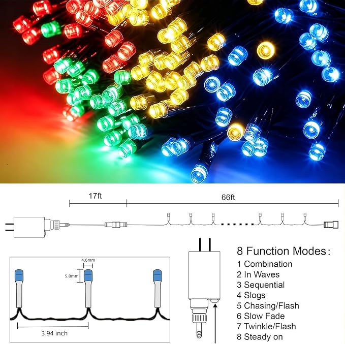 HOME LIGHTING 66ft Christmas Decorative Mini Lights, 200 LED Green Wire Fairy Starry String Lights Plug in, 8 Lighting Modes, for Indoor Outdoor Xmas Tree Wedding Party Decoration (Multicolor)