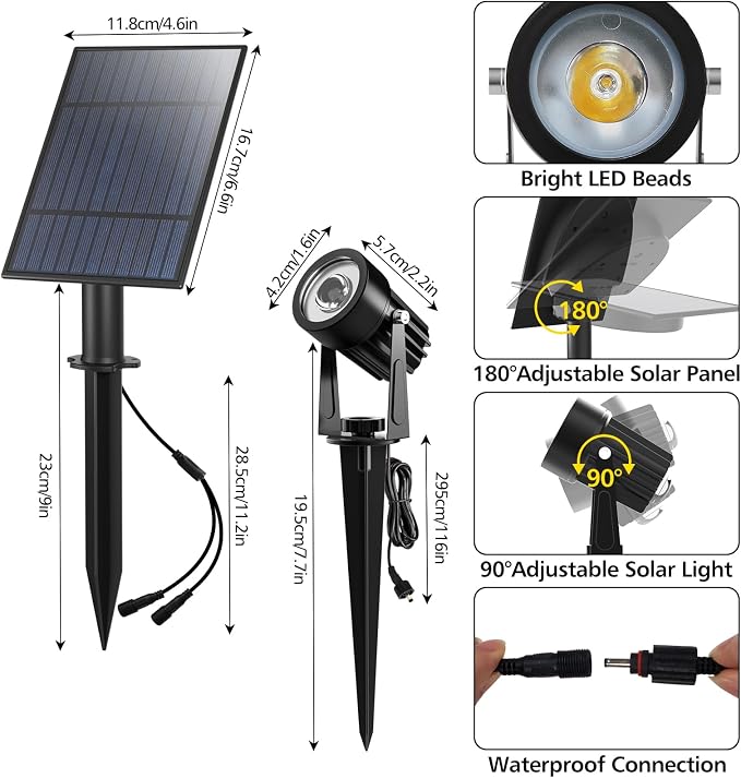 T-SUN Solar Spotlights 2W Outdoor LED Landscape Spot Light, 2-in-1 Waterproof Solar Powered Wall Lights Auto ON/Off with Dual Headlamp for Garden, Yard, Pathway(Warm White)