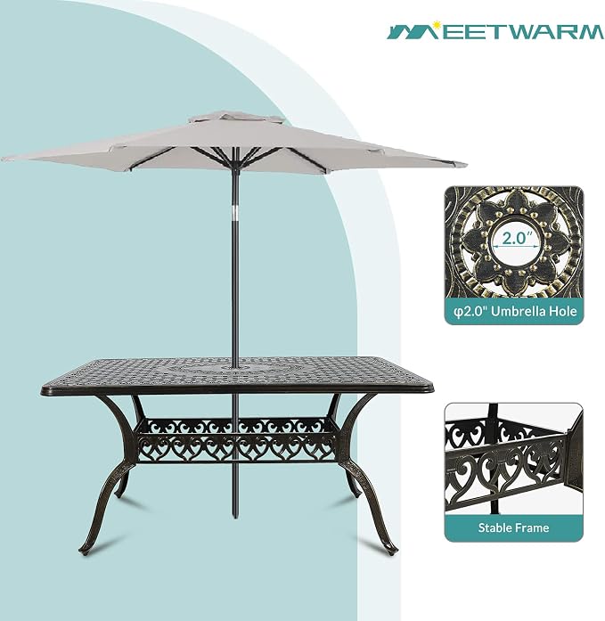 MEETWARM 7-Piece Outdoor Patio Dining Set, All-Weather Cast Aluminum Patio Conversation Set for Backyard Garden Deck with 6 Chairs, 1 Rectangular Table, 2" Umbrella Hole, Dark Bronze