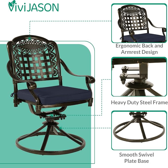 VIVIJASON 9-Piece Outdoor Dining Set, Cast Aluminum Patio Table & Chair Furniture Set, Include 94.5" Rectangular Table, 2 Swivel Rocker Chairs, 6 Stationary Chairs, Umbrella Hole, Navy Blue Cushion
