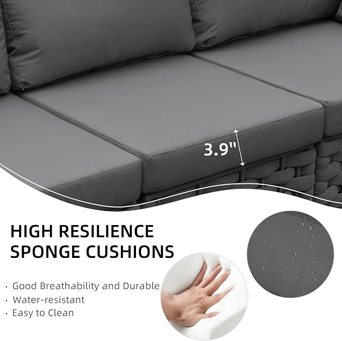 TWT 3-Piece Outdoor Conversation Set, Woven Rope Patio Sofa & Table in Gray. Quick assembly, water-resistant easy-clean cushions. Weather resistant and space-saving, great for indoor & outdoor spaces.