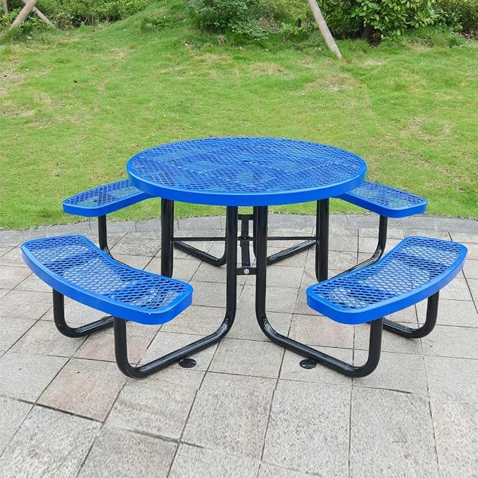 46" Round Commercial Picnic Table for 4-8 Person, Heavy Duty Metal Outdoor Picnic Table with Umbrella Hole for Coffee Shop, School, Hospital, Easy to Install, Blue