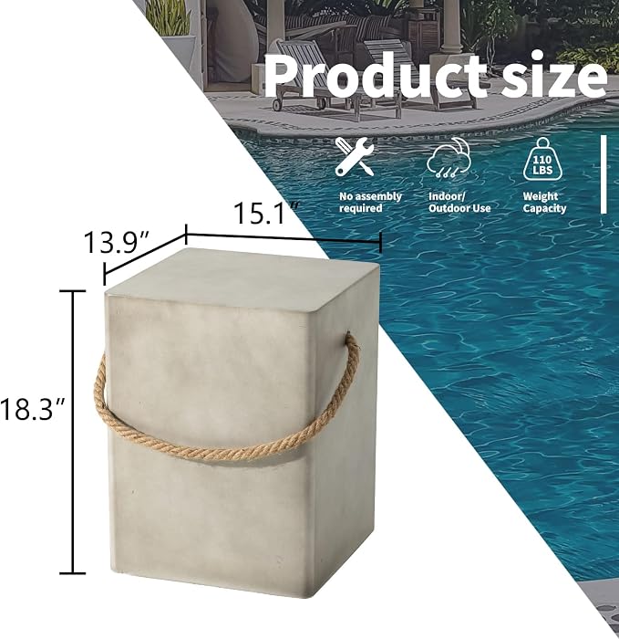 HOMPUS Outdoor Side Table Set of 2, 2 Pieces Patio Concrete Natural End Table w Hemp Rope Handle, Square Accent Table Set, Small Coffee MgO Table for Garden, Porch and Deck, Light Grey