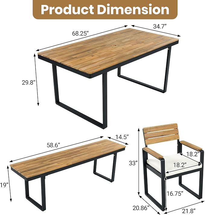 6-Piece Outdoor Acacia Wood Dining Set, 1 Table with 4 Chairs & 1 Bench, Comfortable Cushions on Chairs, Adjustable Feet, for Patio, Garden, Backyard Family Gatherings (Beige-6A)