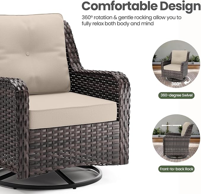 ALAULM 7 Pieces Patio Furniture Set,High Back Wicker Outdoor Sectional Furniture Set with Swivel Chairs & Coffee Table, Patio Conversation Set Thick Cushion for Backyard, Deck, Porch-Sand