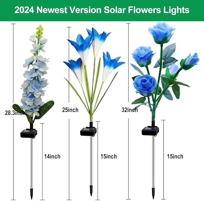 MRHEPHAESTUS Solar Garden Lights Waterproof, 3 Pack Solar Flowers Lights Includes Lily Rose Delphinium, Gardening Gifts for Mom Grandma Women,7-Color Changing Outdoor Decor for Garden Yard Patio Lawn
