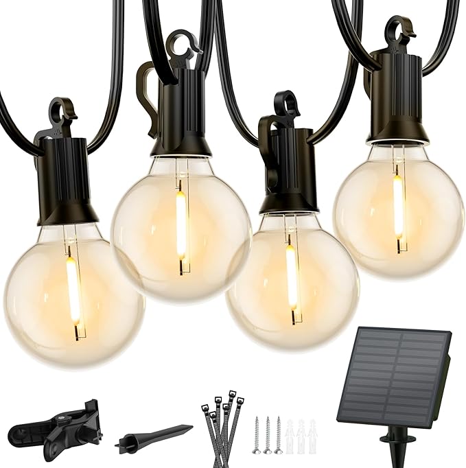 Minetom 158FT Solar String Lights Outdoor Waterproof Solar Powered | Patio Lights with Cable Ties and Hooks, 75 LED Shatterproof Bulbs, Commercial Hanging Light for Outside Backyard Garden Decor