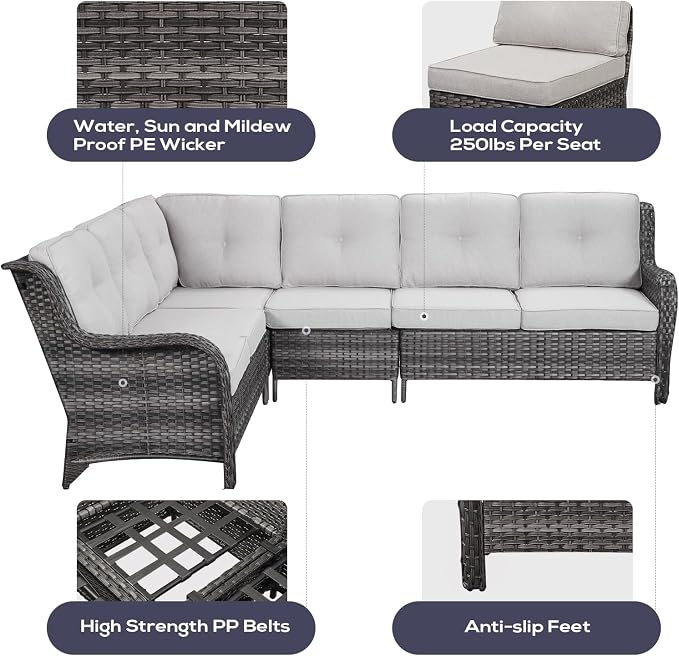 Belord Patio Furniture Set with Fire Pit Table,8 Piece Wicker Outdoor Furniture Set, Swivel Rocker Chairs with Ottomans and Sectional Couch, All Weather Patio Conversation Set, Gray Wicker/Beige