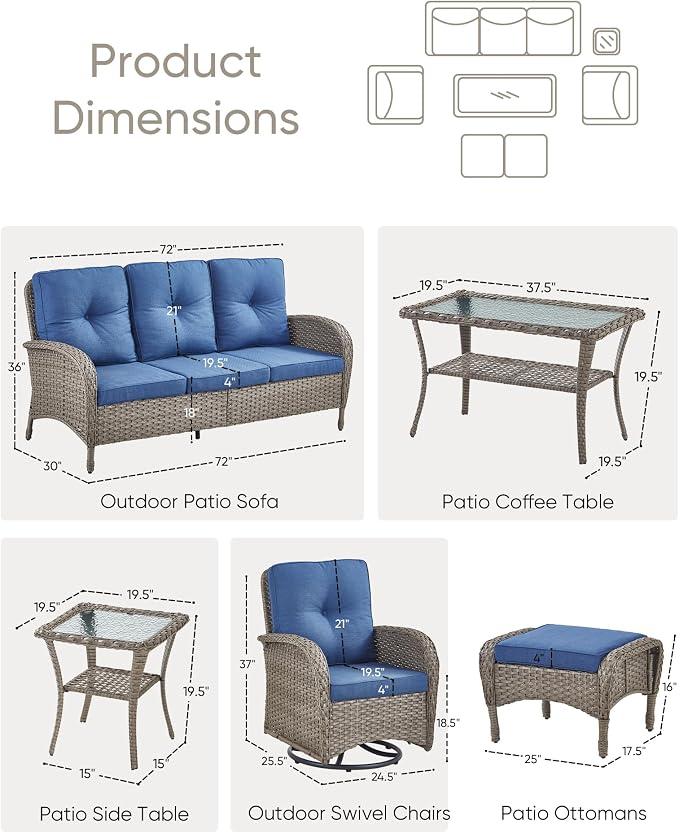 HUMMUH 7 Pieces Outdoor Furniture Set-All Weather Wicker Rattan Couch with Outdoor Rocking Chair Patio Furniture for Deck Lawn Porch Balcony Poolside-Grey/Blue