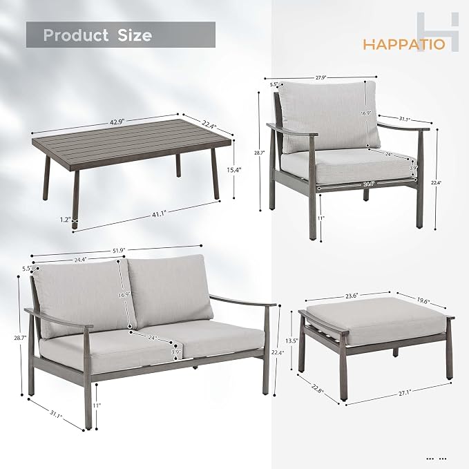 HAPPATIO Patio Outdoor Furniture Set - 6 Pieces Aluminum Outdoor Conversation Set with 1 Cushioned Loveseat, 2 Armchairs, 1 Coffee Table and 2 Ottomans for Yard, Porch, and Deck (Grey)