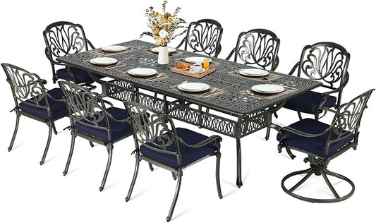 MEETWARM 9-Piece Outdoor Patio Dining Set, All Weather Cast Aluminum Patio Funiture Table and Chairs Set- 94.5” Rectangular Table and 2 Swivel Rocker Chairs, 6 Stationary, Umbrella Hole, Navy Blue