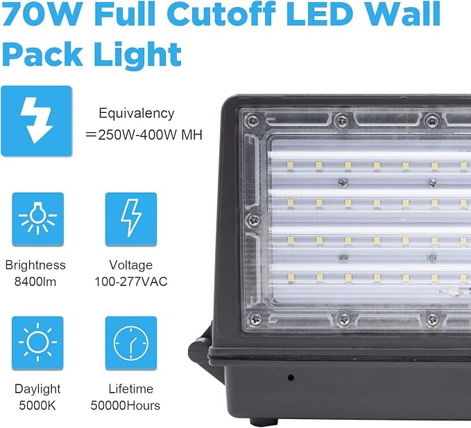 LED Full Cutoff Wall Pack, 70W(600W Eqv.) 8,400LM 5000K with Dusk to Dawn Photocell, 100-277Vac, LED Wall Pack for Outdoor Lighting (1 Pack) - ETL Listed
