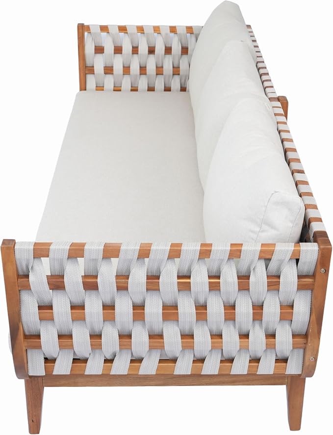 Merax Patio Rope Woven 3-Seater Sofa, Outdoor Acacia Wood Sofa Daybed with Water Repellent Fabric Cushion and Sturdy Base for Porch, Lawn, Backyard, Balcon, Teak+ Beige