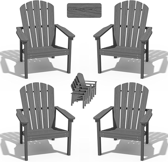 nevilywood Compact Stackable Adirondack Chairs Set of 4,HDPE,380lbs,Grey | 26.3" Wide HDPE.All-Weather Outdoor.Maintenance-Free.Stackable for Storage.25°Curved Straight Backrest.Quick Assembly
