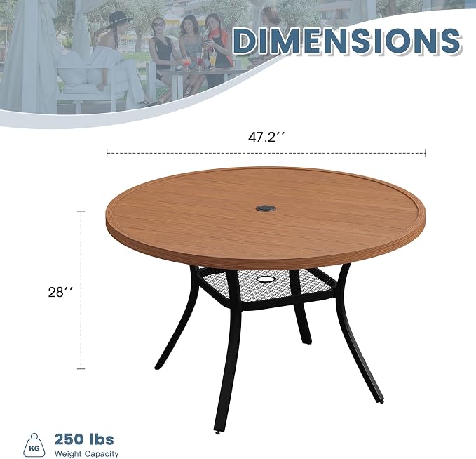 DIFY 48" Round Patio Dining Table for 6, All Weather Round Outdoor Metal Dining Table with 1.57" Umbrella Hole, Perfect for Backyard Lawn Garden, Walnut