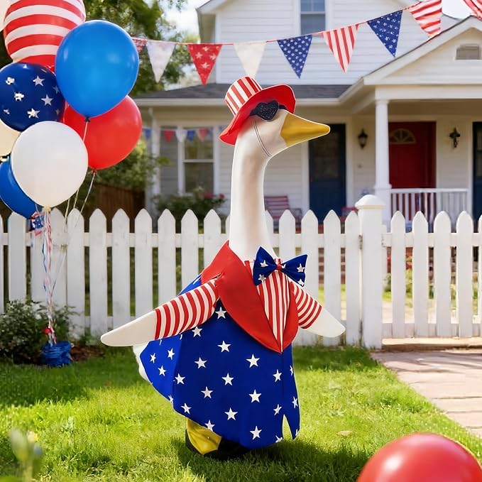 Porch Goose Outfit 4th of July Patriotic Summer Costume – Fits 23 Inch Concrete Cement Goose – Red White Blue Memorial Day Clothes