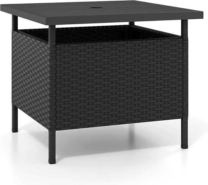 LDAILY Patio Table Umbrella, Outdoor Table with Umbrella Hole, Rattan Patio Side Table with Steel Umbrella Hole, HDPE Desktop & Metal Frame for Deck Garden Poolside Backyard Balcony (Black)