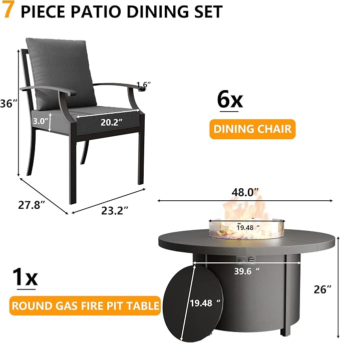 7 Piece Metal Outdoor Patio Furniture Set with 48" Round Propane Fire Pit, Outdoor Dining Table Set with 6 Fixed Chairs and 55000 BTU Outdoor Fire Pit, Grey